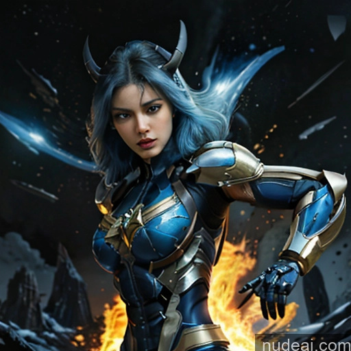 ai nude image of arafed woman in a blue and gold costume standing in front of a fire pics of Woman Bodybuilder Busty Muscular Abs Perfect Boobs Blue Hair Skin Detail (beta) Front View Cosplay Superhero Detailed SuperMecha: A-Mecha Musume A素体机娘 Captain Marvel Battlefield Has Wings