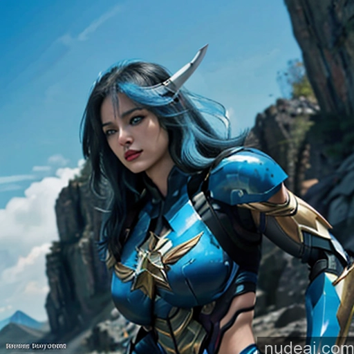 ai nude image of araffe woman in blue and gold costume standing on rocks pics of Woman Bodybuilder Busty Muscular Abs Perfect Boobs Blue Hair Skin Detail (beta) Front View Cosplay Superhero Detailed SuperMecha: A-Mecha Musume A素体机娘 Captain Marvel Battlefield Has Wings Deep Blue Eyes Angel