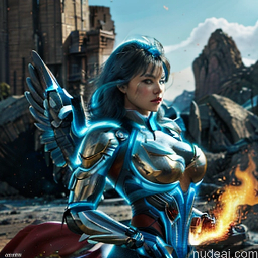 ai nude image of arafed woman in a blue costume with a sword and a fire pics of Woman Bodybuilder Busty Muscular Abs Perfect Boobs Blue Hair Skin Detail (beta) Front View Cosplay Superhero Detailed Captain Marvel Has Wings Angel SuperMecha: A-Mecha Musume A素体机娘 Neon Lights Clothes: Blue Battlefield