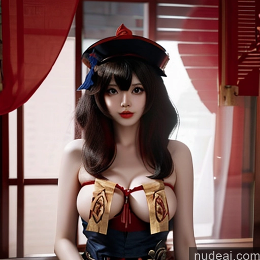 ai nude image of araffe dressed in a corset and a hat sitting on a table pics of Erotic-Jiangshi-China-Zombie Nude Hu Tao: Genshin Impact Cosplayers Bangs Wavy Hair