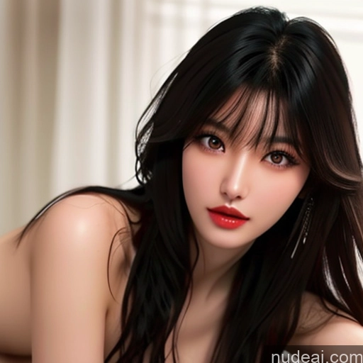 ai nude image of a close up of a woman laying on a bed with a red lipstick pics of Nude Bangs Wavy Hair MuQingQing