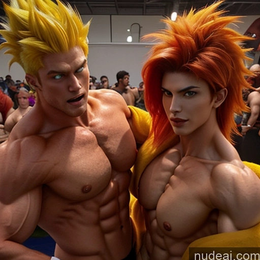 ai nude image of arafed male and female bodybuildes posing for a photo pics of Two Several Super Saiyan 4 Super Saiyan Bodybuilder