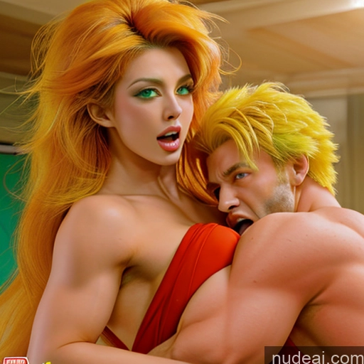 ai nude image of blond woman with orange hair hugging a man in a red dress pics of Two Several Super Saiyan 4 Super Saiyan Bodybuilder Tittysuck