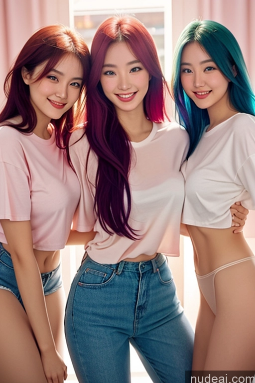 ai nude image of three asian women with colorful hair posing for a picture pics of 18 Rainbow Haired Girl Happy Oversized Shirt