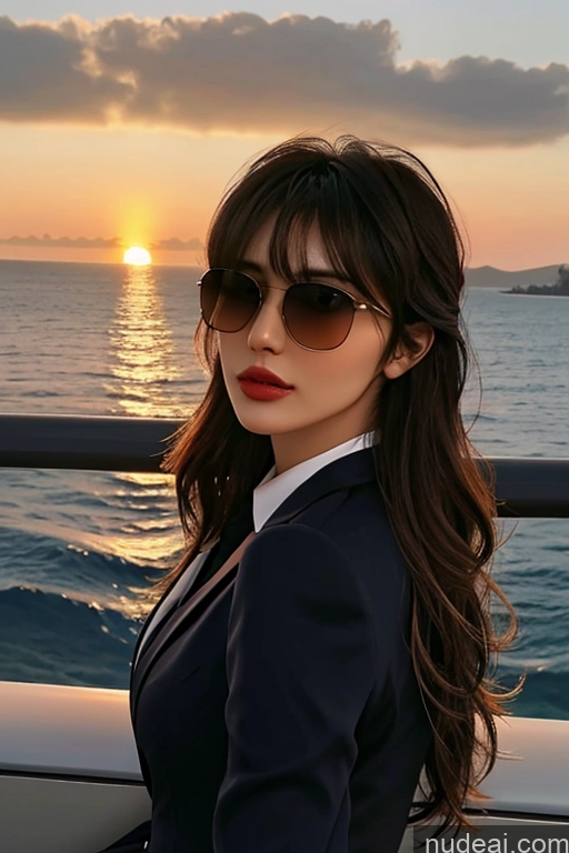 ai nude image of woman in a suit and sunglasses on a boat at sunset pics of Bangs Wavy Hair Looking At Sky Sunglasses Flight Attendant