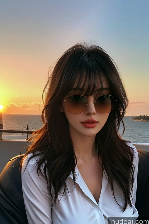 ai nude image of arafed woman with sunglasses sitting on a bench near the ocean pics of Bangs Wavy Hair Looking At Sky Sunglasses Flight Attendant