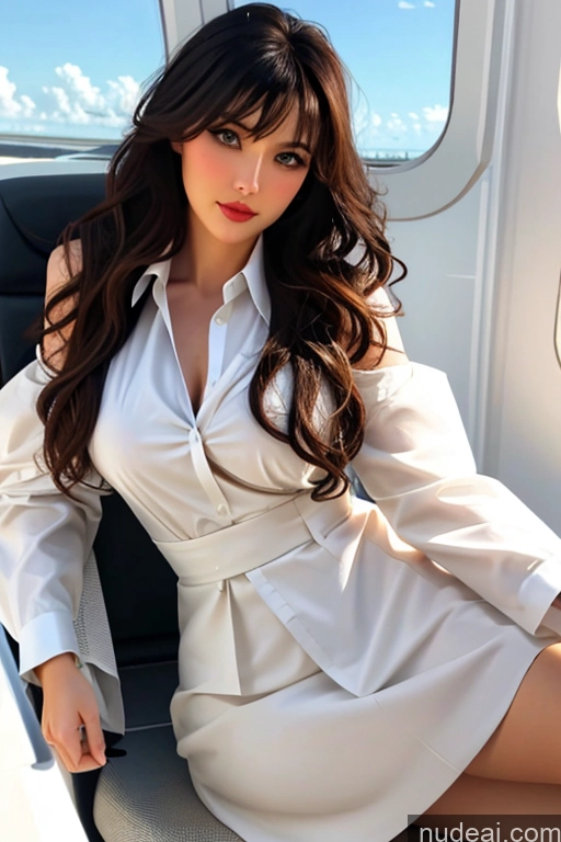 ai nude image of araffe woman in white dress sitting on a seat on a plane pics of Bangs Wavy Hair Looking At Sky Flight Attendant