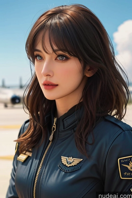 ai nude image of a close up of a woman in a leather jacket standing in front of a plane pics of Bangs Wavy Hair Looking At Sky Pilot Bomber