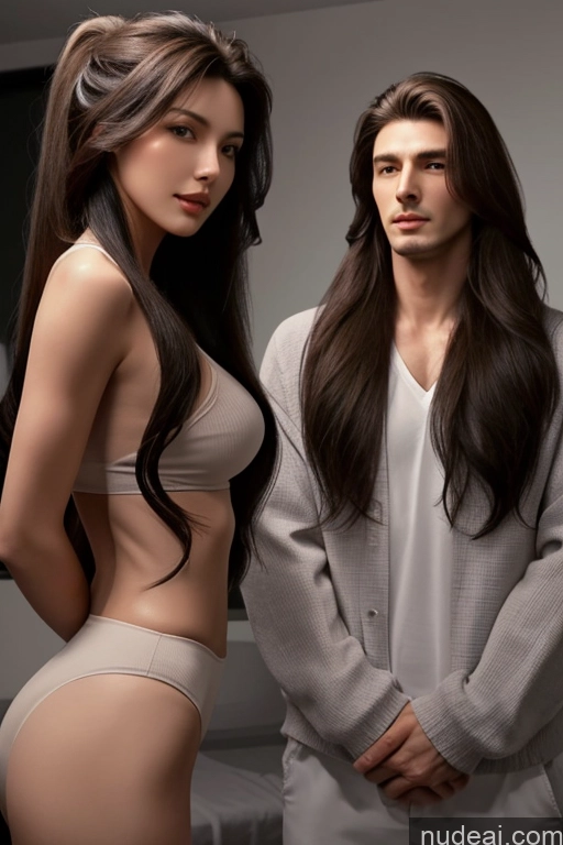 ai nude image of arafed man and woman in underwear posing for a picture pics of Jewish Perfect Boobs Beautiful Small Ass Perfect Body Long Hair Straight Slicked Brunette Front View Nude Bedroom Korean Japanese Two Woman + Man Black Hair Blowjob Massage T-pose 18