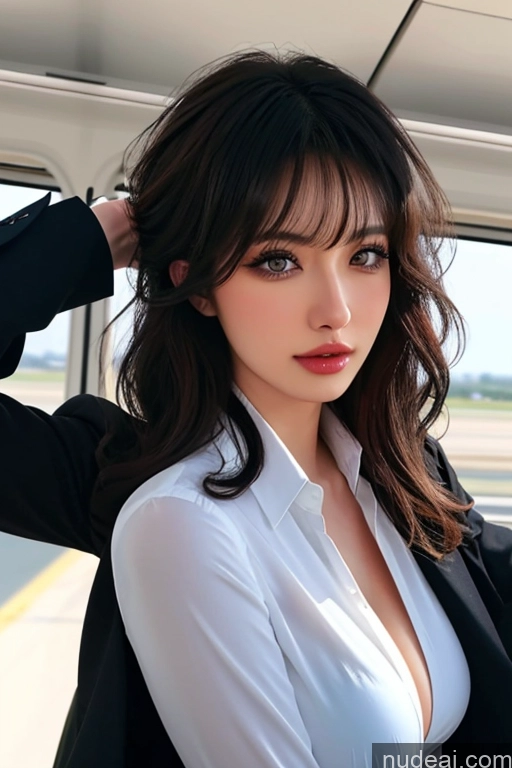 ai nude image of araffe woman in a white shirt and black jacket posing for a picture pics of Looking At Sky Bangs Wavy Hair Train Flight Attendant