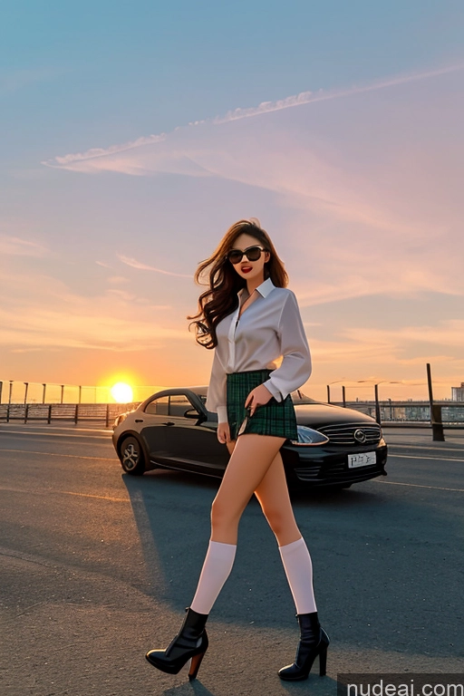 ai nude image of araffe woman in a skirt and high heels walking across a parking lot pics of Looking At Sky Bangs Wavy Hair High Heels High Socks Sunglasses Kilt