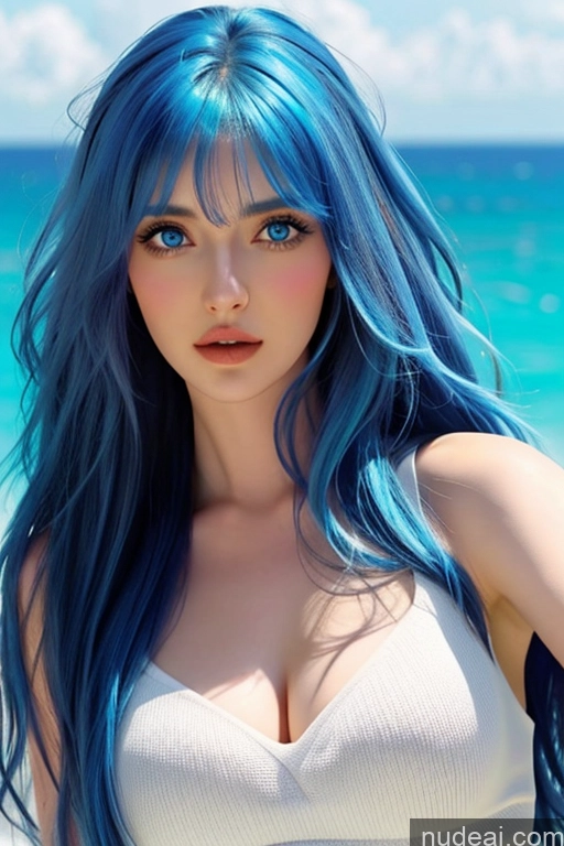 ai nude image of a close up of a woman with blue hair on a beach pics of Looking At Sky Bangs Wavy Hair Superhero Rainbow Haired Girl Deep Blue Eyes