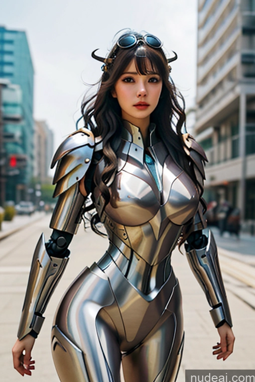 ai nude image of araffe woman in a silver suit walking down a street pics of Looking At Sky Wavy Hair Bangs Nude Fantasy Armor ARC: A-Mecha Musume A素体机娘