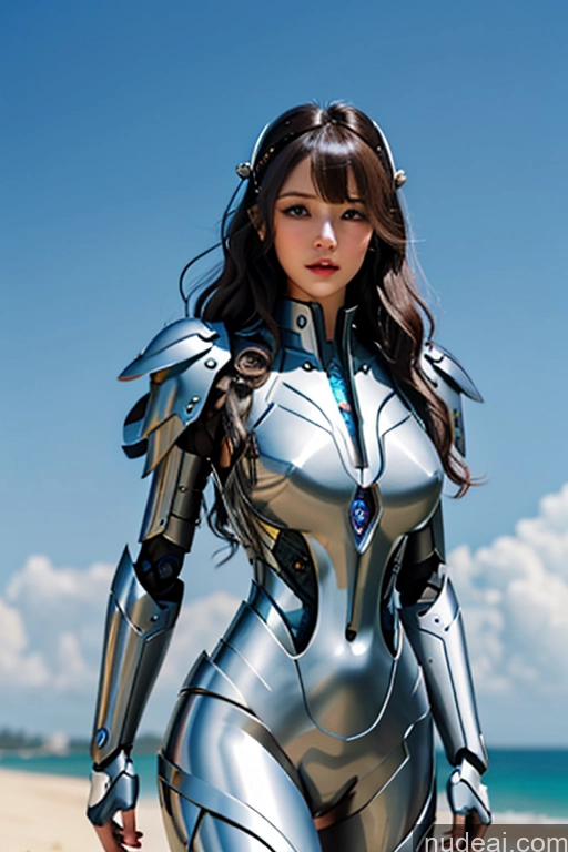 ai nude image of arafed woman in a silver suit standing on a beach pics of Looking At Sky Wavy Hair Bangs Nude Fantasy Armor ARC: A-Mecha Musume A素体机娘