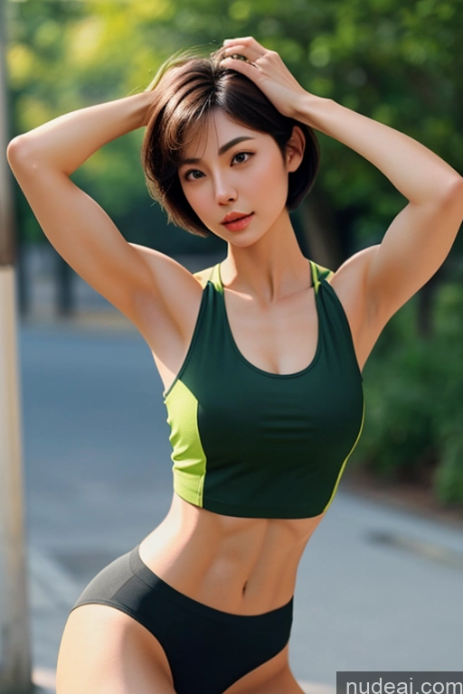 ai nude image of arafed asian woman in a green sports bra top and black shorts pics of Woman One Short Hair 18 Black Hair Pixie Japanese Skin Detail (beta) Muscular Detailed 3d Perfect Boobs Close-up View Front View Perfect Body Thigh Socks Sailor Street Train Meadow Bright Lighting