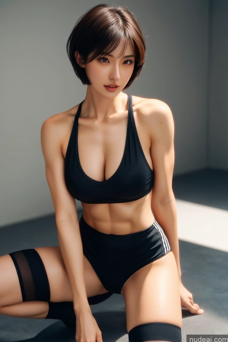 ai nude image of arafed asian woman in a black bikini and stockings posing for a picture pics of Woman One Short Hair 18 Black Hair Pixie Japanese Skin Detail (beta) Muscular Detailed Close-up View Front View Perfect Body Bright Lighting Sailor Thigh Socks Street