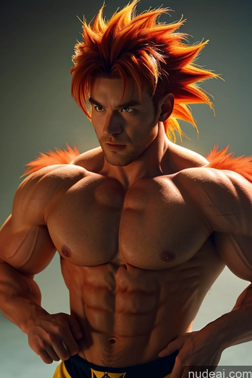 ai nude image of arafed male with orange hair and a yellow belt posing for a picture pics of Super Saiyan 4 Super Saiyan Bodybuilder Space Suit