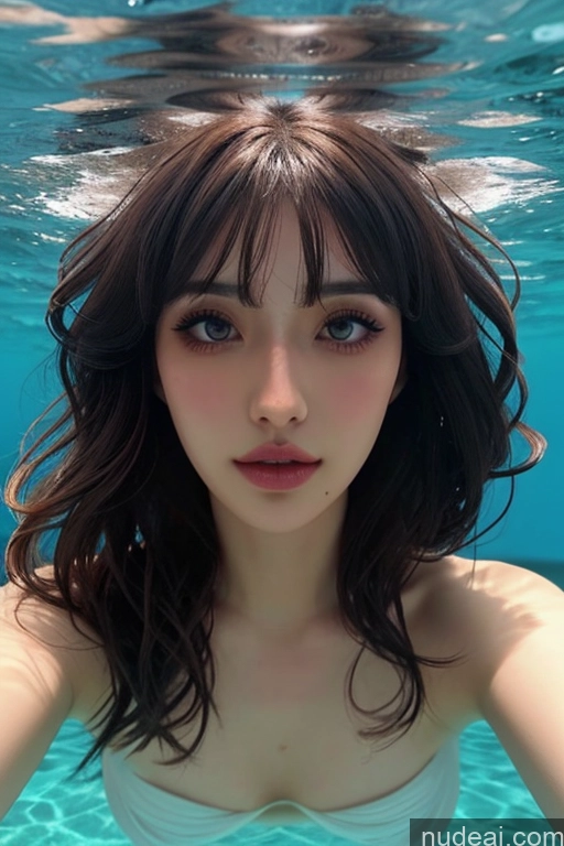 ai nude image of a close up of a woman in a white bikini under water pics of Looking At Sky Bangs Wavy Hair Underwater