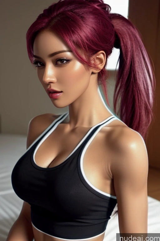 related ai porn images free for Miss Universe Model One Perfect Boobs Muscular Beautiful 20s Sexy Face Pink Hair Ponytail African Black Bedroom Front View Neon Lights Clothes: Blue