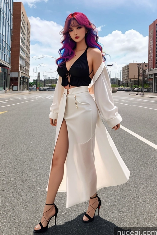 ai nude image of araffe with purple hair and a white coat standing on a street pics of Looking At Sky Bangs Wavy Hair Rainbow Haired Girl High Heels