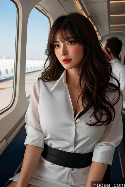 ai nude image of araffe woman in white shirt and black belt sitting on a train pics of Bangs Wavy Hair Looking At Sky Flight Attendant