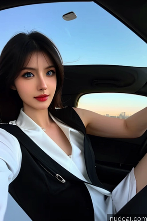 ai nude image of woman in a car with a black and white outfit and red lipstick pics of Looking At Sky Hu Tao: Genshin Impact Cosplayers Pilot