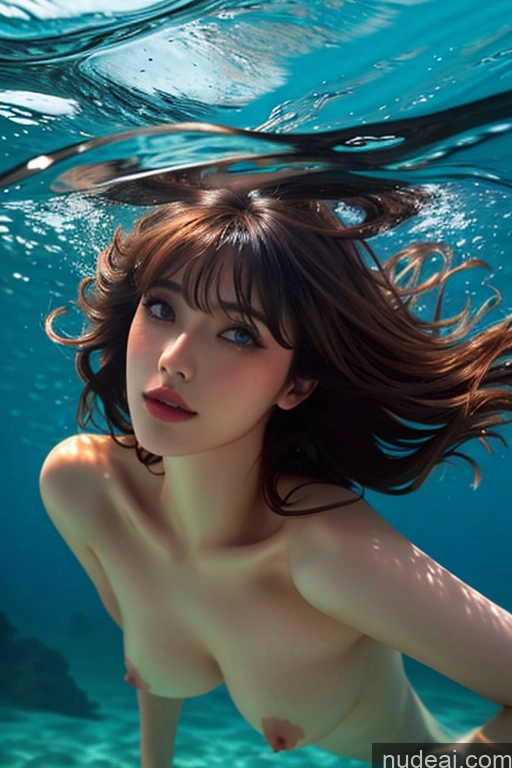 ai nude image of arafed woman in a bikini under water with a fish pics of Bangs Wavy Hair Looking At Sky Underwater