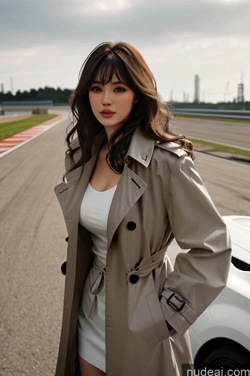 Bangs Wavy Hair Looking At Sky Race Driver Trench Coat