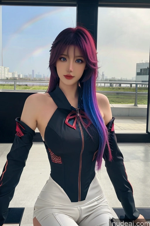 ai nude image of araffe with a rainbow colored hair sitting on a bench pics of Looking At Sky Hu Tao: Genshin Impact Cosplayers Mech Suit Rainbow Haired Girl