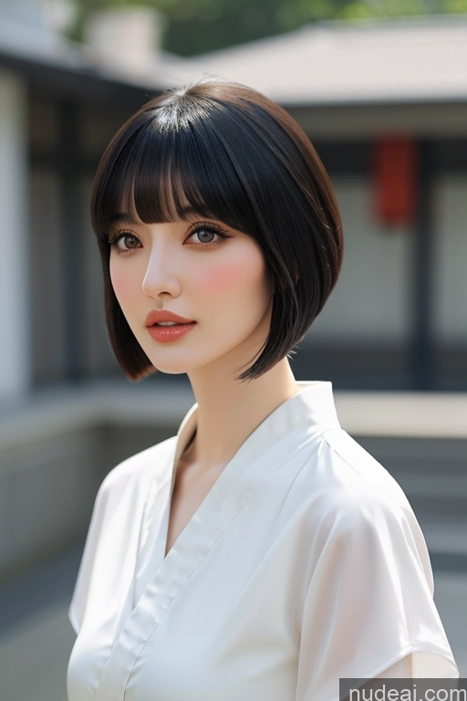 ai nude image of arafed asian woman with short black hair and a white blouse pics of Looking At Sky Hime Cut Two Geisha