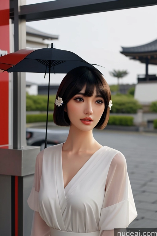 ai nude image of araffe woman in white dress holding an umbrella in front of a building pics of Looking At Sky Hime Cut Two Geisha