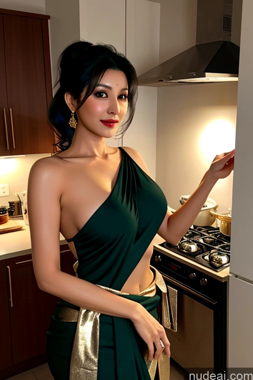 ai nude image of there is a woman in a green dress standing in a kitchen pics of Milf One Perfect Boobs Seductive Black Hair Indian Kitchen Front View Cooking Sari Gold Jewelry Bright Lighting Ponytail Thick 50s 3d Cleavage