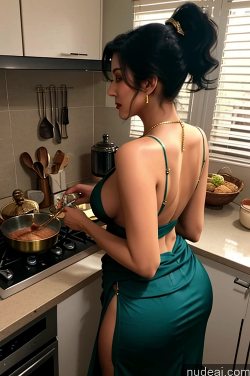 ai nude image of woman in green dress cooking in kitchen with stove and counter pics of Milf One Perfect Boobs Black Hair Indian Kitchen Cooking Sari Gold Jewelry Bright Lighting Ponytail Thick 50s Cleavage Big Ass Shocked Film Photo Back View