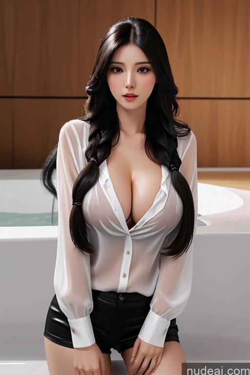 ai nude image of araffe asian woman in a white shirt and black shorts posing in a bathtub pics of Woman Busty Huge Boobs Long Hair Seductive Brunette Black Hair Asian Office Bathing Cumshot Blowjob Blouse Panties Transparent