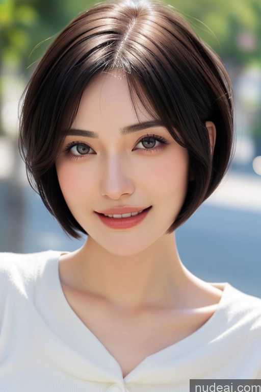 ai nude image of a close up of a woman with a short haircut and a white shirt pics of Woman One Short Hair 18 Happy Black Hair Pixie Japanese Skin Detail (beta) Street Front View Sailor Detailed