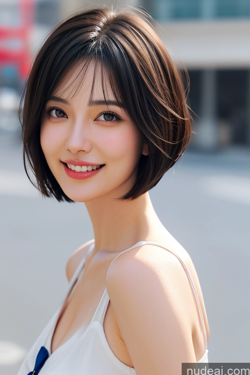 ai nude image of arafed asian woman with a white tank top and blue tie pics of Woman One Short Hair 18 Happy Black Hair Pixie Japanese Skin Detail (beta) Street Front View Sailor Detailed Working Out