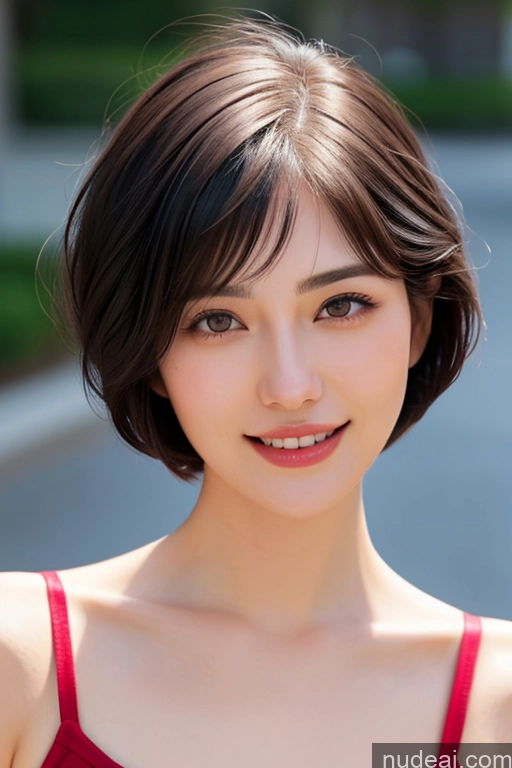 ai nude image of arafed asian woman with a red top and a smile on her face pics of Woman One Short Hair 18 Happy Black Hair Pixie Japanese Skin Detail (beta) Street Front View Sailor Detailed Working Out