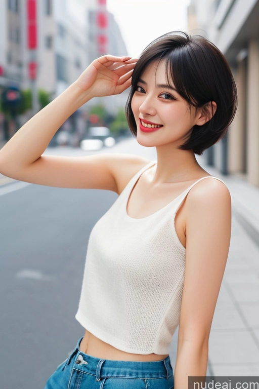 ai nude image of arafed asian woman in a white top and blue jeans posing for a picture pics of Woman One Short Hair 18 Happy Black Hair Pixie Japanese Skin Detail (beta) Street Front View Sailor Detailed Working Out