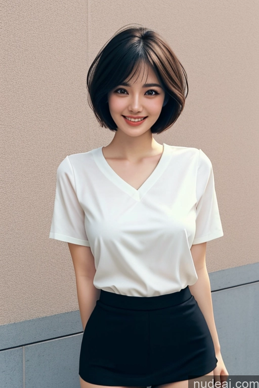 ai nude image of araffe woman in a white shirt and black shorts posing for a picture pics of Woman One Short Hair 18 Happy Black Hair Pixie Japanese Skin Detail (beta) Street Front View Detailed Working Out Sailor Micro Skirt 80s