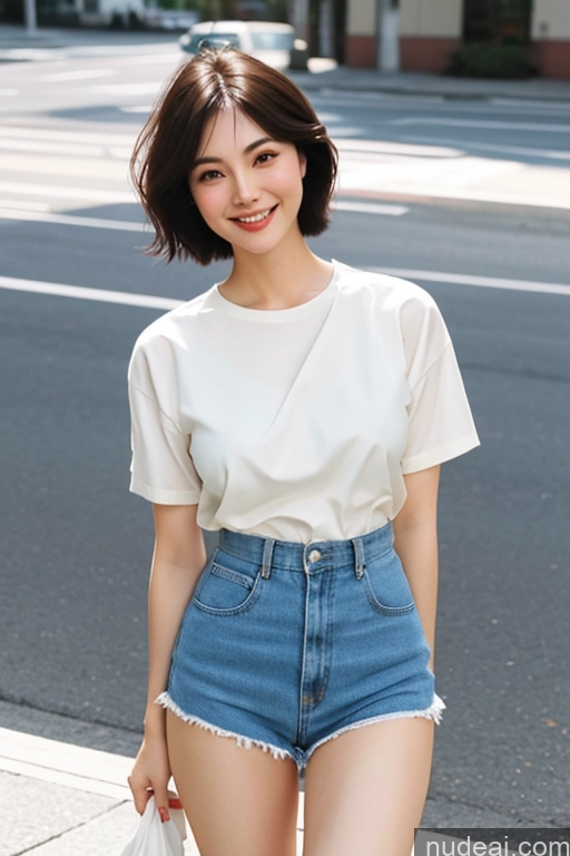 ai nude image of araffed asian woman in white shirt and denim shorts walking down the street pics of Woman One Short Hair 18 Happy Black Hair Pixie Japanese Skin Detail (beta) Street Front View Detailed Working Out Sailor Micro Skirt 80s