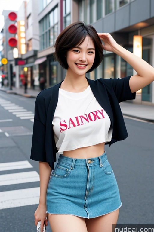 ai nude image of arafed asian woman in a white shirt and blue denim shorts pics of Woman One Short Hair 18 Happy Black Hair Pixie Japanese Skin Detail (beta) Street Front View Detailed Working Out Sailor Micro Skirt 80s