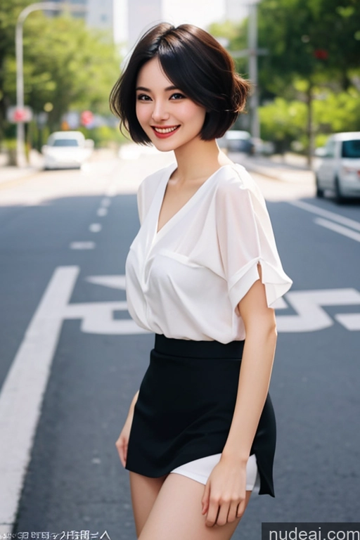 ai nude image of arafed asian woman in a white blouse and black skirt posing for a picture pics of Woman One Short Hair 18 Happy Black Hair Pixie Japanese Skin Detail (beta) Street Front View Detailed Working Out Sailor Micro Skirt 80s