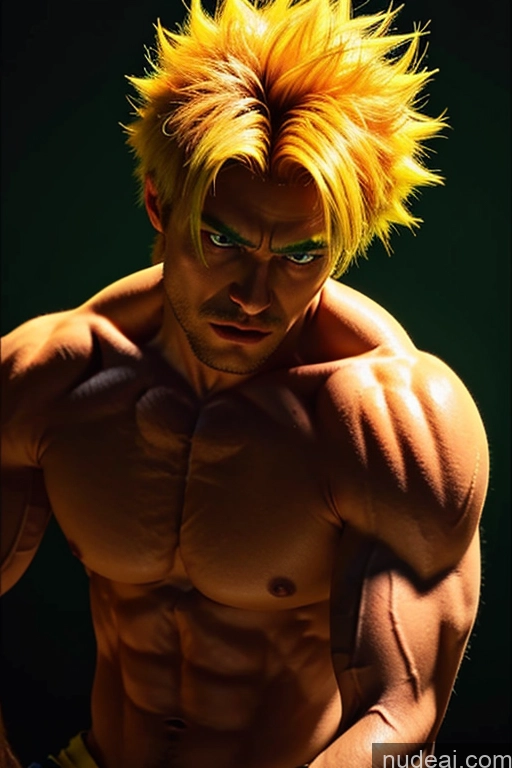 ai nude image of arafed man with yellow hair and green eyes posing for a picture pics of Bodybuilder Super Saiyan Super Saiyan 4 Bodypaint