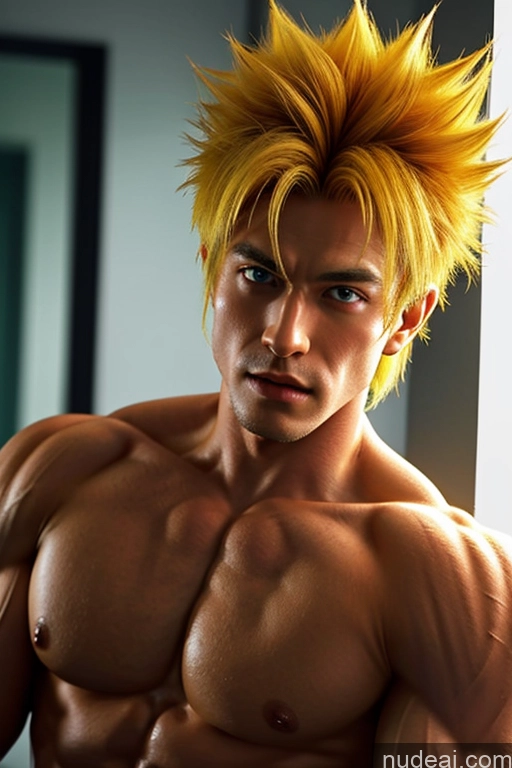 ai nude image of arafed male with a yellow hair and a shirt on pics of Bodybuilder Super Saiyan Super Saiyan 4 Ragnarokhiwiz