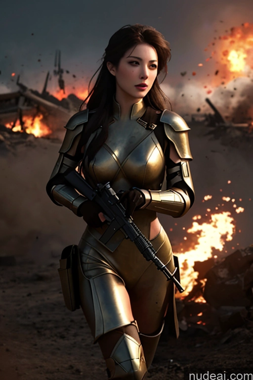 ai nude image of arafed woman in a metallic suit holding a gun in front of a fire pics of Battlefield Fantasy Armor Transparent Diamond Jewelry Gold Jewelry