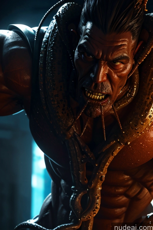 ai nude image of a close up of a man with a snake on his head pics of Battlefield Bodybuilder Glowing, Skull, Armor, Spikes, Teeth, Monster, Dirty, Tentacles, Pus, Pimples, Crack, Truenurgle