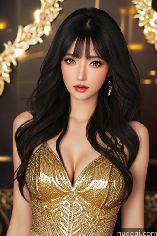 ai nude image of a woman in a gold dress posing for a picture pics of Diamond Jewelry Gold Jewelry Transparent Bangs Wavy Hair Fantasy Armor