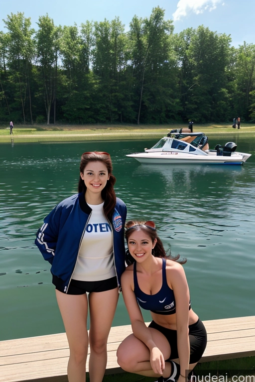 ai nude image of two women posing for a picture on a dock near a lake pics of Two Lake Athlete Bomber