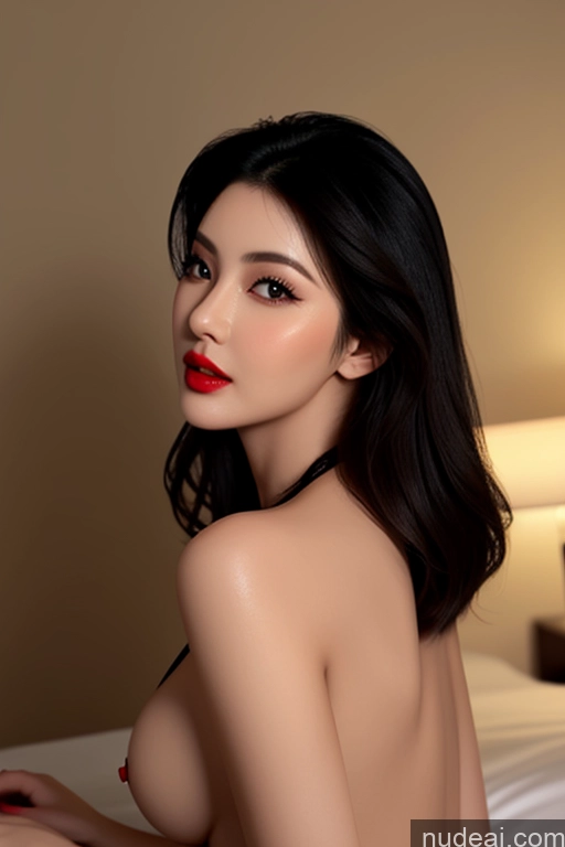 ai nude image of araffed asian woman with red lipstick sitting on a bed pics of Woman One Lipstick Big Ass Perfect Boobs Beautiful 20s Pouting Lips Black Hair Straight Asian Skin Detail (beta) 3d Bedroom Front View Cumshot Nude Transparent Partially Nude Gold Jewelry Bright Lighting Alternative Detailed