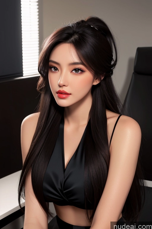 ai nude image of araffe asian woman in black dress sitting in front of a computer desk pics of Busty Perfect Boobs Perfect Body Bangs 18 Long Hair Pouting Lips Black Hair Skin Detail (beta) Secretary Satin Stylish Suit Jewelry Dark Lighting Detailed Blouse Office Pantyhose Shirt Bows Long Skirt Italian